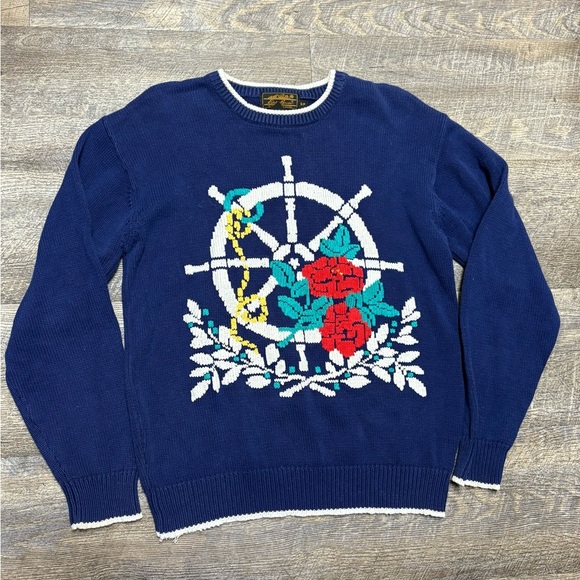 Eddie Bauer Other - Vintage Eddie Bauer Nautical Themed Blue Sweater with Floral Design